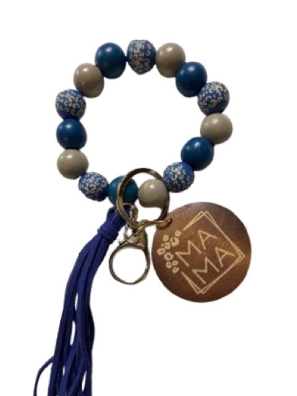 “MAMA” leather tag on Beaded Keychain Bracelet - Blue Leopard Edition